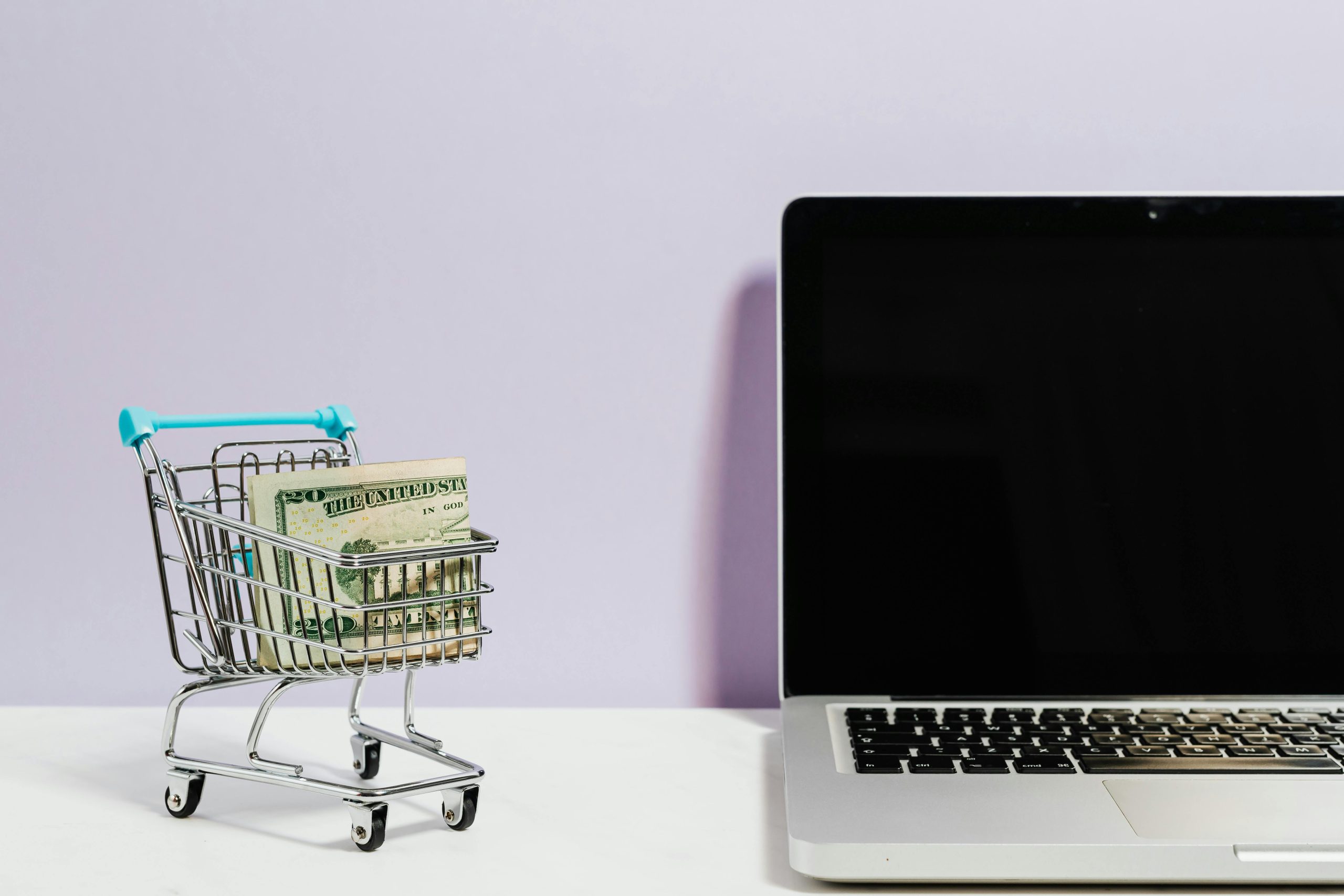 Digital Dawn - shopping cart with money and laptop with white and purple background